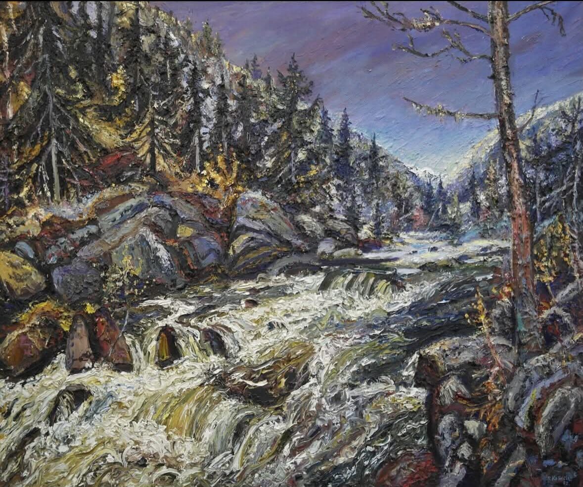 Impressionistic landscape: a rushing river over rocks, dense pine forest, and a purple twilight sky.