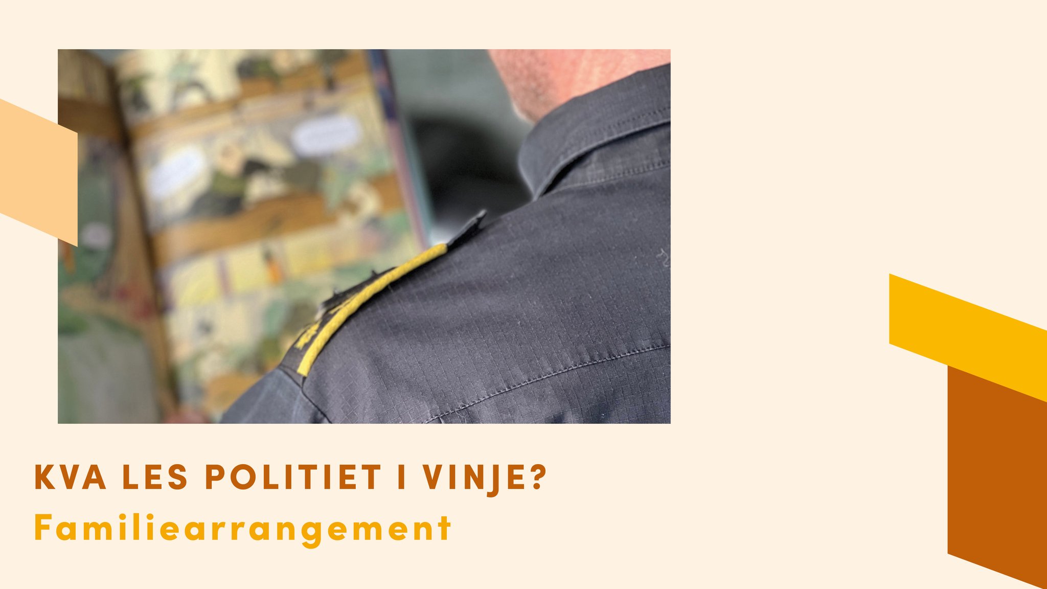 Close-up of a police officer's shoulder with a yellow epaulet; blurred posters on a wall behind.